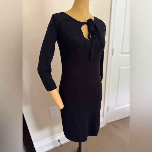 CLUB MONACO Merino Wool Navy Tie Front Bodycon Knit Dress XS Long Sleeve